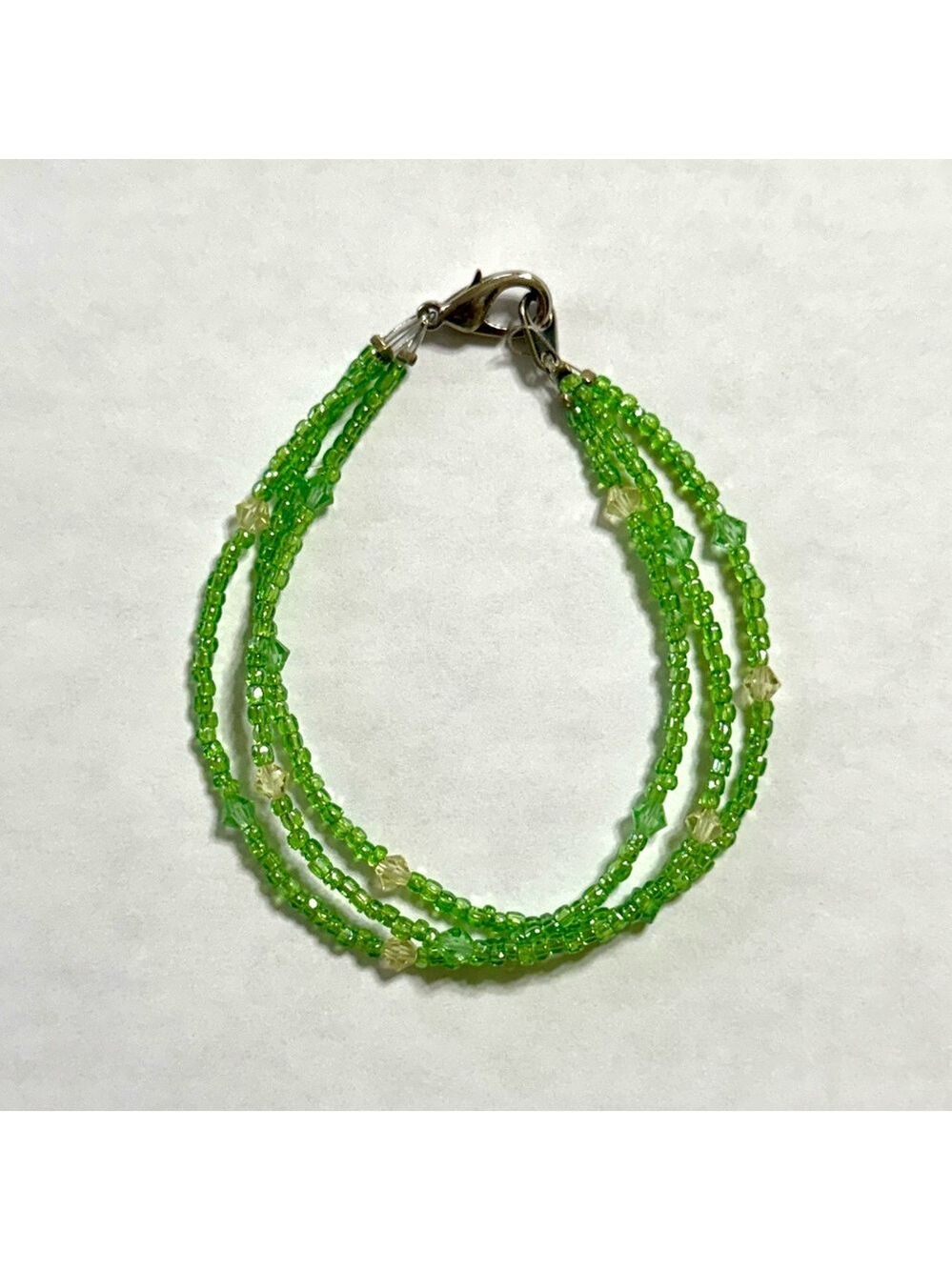 Handmade 3 Strand Green Beaded Bracelet 7 Inch